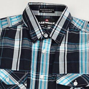 Airwalk Black Gray Aqua Plaid Shoulder Straps Mens Size Small Short Sleeve Shirt
